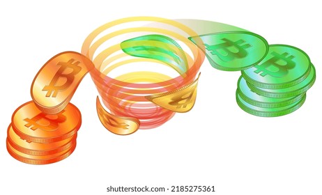 Dirty bitcoins go through Tornado Cash and become clean in isometric view isolated on white. Tornado Cash is service for confidential transfer of cryptocurrency. Banner for news. Vector illustration.