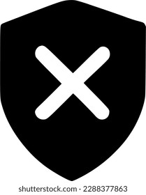 dirty black shield shape icon with insecure crossmark ten, simple infographic flat design pictogram interface component for app ui ux interface web button, vector isolate on white background