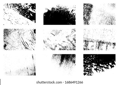 Dirty black and white backdrop. 9 Grunge grainy backgrounds collection. Nine dirty distressed overlay textures set. Aging creative design element. Aged messy template. EPS10 vector.