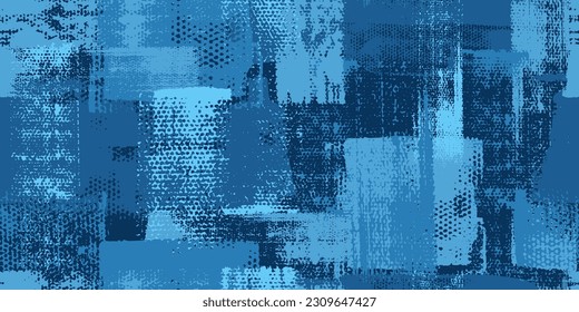 Dirty blue, navy pattern. Gruge texture seamless background. Watercolor endless repeat backdrop. Vector  tye die pattern. Square and brush strokes texture.