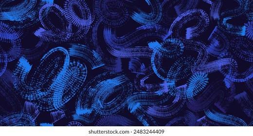 Dirty blue, navy pattern. Gruge texture seamless background. Watercolor endless repeat backdrop. Vector  tye die pattern. Circle, curves, waves and brush strokes texture.