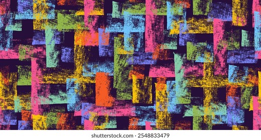 Dirty blue, navy, yellow, green, pink, violet pattern. Gruge texture seamless background. Square and brush strokes texture. Abstract grunge colorful endless, repeat pattern.