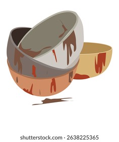 dirty bowl. Kitchen utensils and dinnerware with fat stains. piles of dirty dishes
