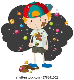 Niño sucio lleno de ilustración bacteriana