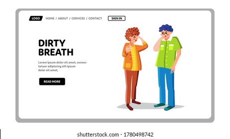 Dirty Breath From Human Unhygienic Mouth Vector. Man And Woman Pinching Nose With Fingers And Close Eyes Person Terrible Dirty Breath. Characters Aversion Emotion Web Flat Cartoon Illustration