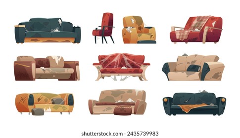 Dirty broken couches. Cartoon old torn sofa with spring damage and spider web, broken furniture for home and office. Vector isolated set of dirty broken couch illustration