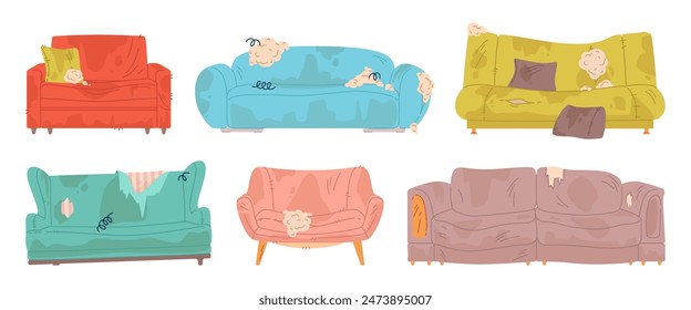 Schmutzige kaputte Sofas. Zerrissene Möbelpolster, hervorstehende Federn und Füller, beschädigte alte Sofas, Wohnzimmer verschlissene Elemente, Reinigungsservice Cartoon-Wohnung-Stil isolierte Vektorgrafik-Set