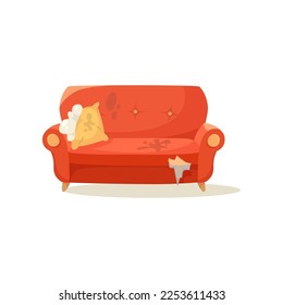 Dirty broken red sofa vector illustration. Torn old couch with pillow for living room isolated on white background. Furniture, interior design concept