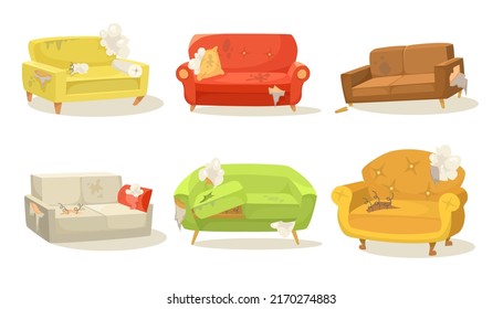 Dirty broken sofas vector illustrations set. Torn old couches with pillows for living room isolated on white background. Furniture, interior design concept