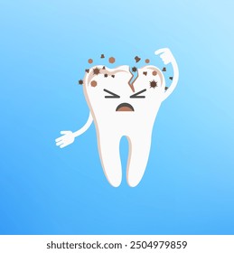 Dirty broken tooth complains about a crack and caries. Dental health, dentistry concept. Oral hygiene. Flat cartoon vector illustration for childrens clinic.