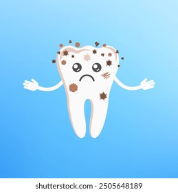 Dirty broken tooth is unhappy and sad. Dental health, dentistry concept. Oral hygiene. Flat cartoon vector illustration for childrens clinic.