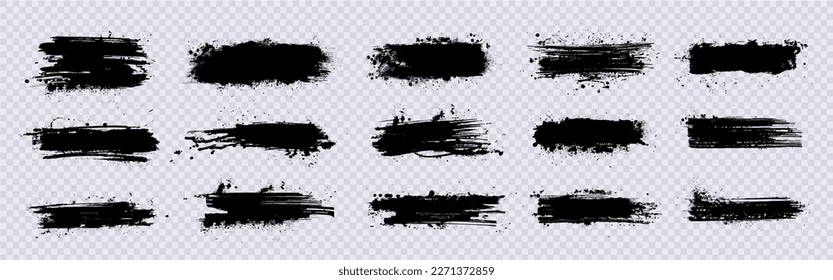 Dirty brush strokes with ink splashes. Black grunge artistic box. Dried smears with splashes. Diverse paintbrush lines with ink drops. Mud grunge texture design elements. Vector smears collection