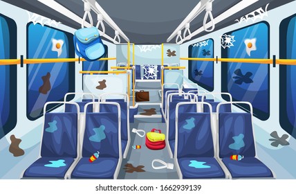 Dirty Bus Interior Landscape with old Chairs Row, Scholl Bag, Suitcase and Bus Handle for Vector Illustration Interior Design Ideas