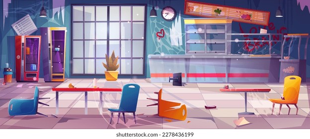 Dirty cafeteria, cafe with mess and broken furniture. School or office canteen interior, old abandoned food court with trash, empty shelves and vending machine, vector cartoon illustration