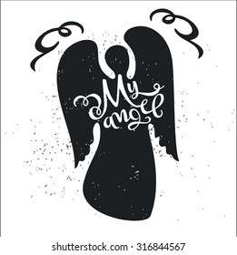Dirty cartoon romantic poster. Angel with a cute Quote on a Valentine's Day card or a card with an invitation for a date. Inspiring vector typography.