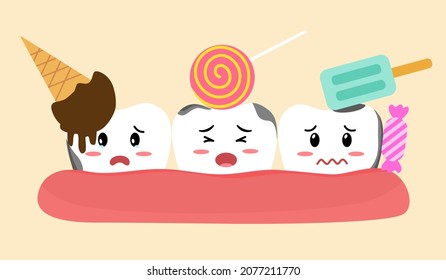 Dibujo de dientes sucios de cavidad con dulces y helados que dañan los dientes en diseño plano. Atención dental. Enfermedades dentales. Concepto de higiene bucal.