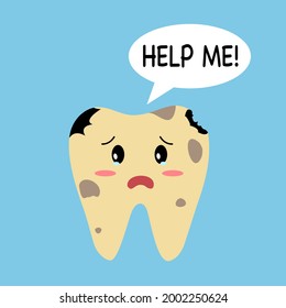 Dirty cavity tooth cartoon character asking for help in flat design. Dental care. Dental illness. Oral hygiene concept.