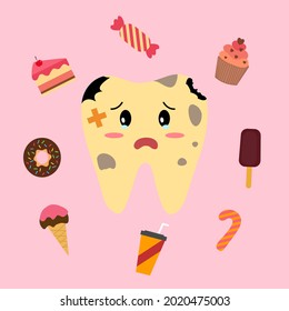 Dirty Cavity Tooth Cartoon With Sweet Food That Damage Teeth In Flat Design. Dental Care. Dental Illness. Oral Hygiene Concept.