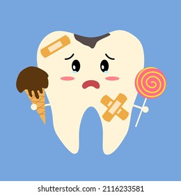 Dirty cavity tooth cartoon with sweet candy and ice cream that damage teeth in flat design. Dental care. Dental illness. Oral hygiene concept.