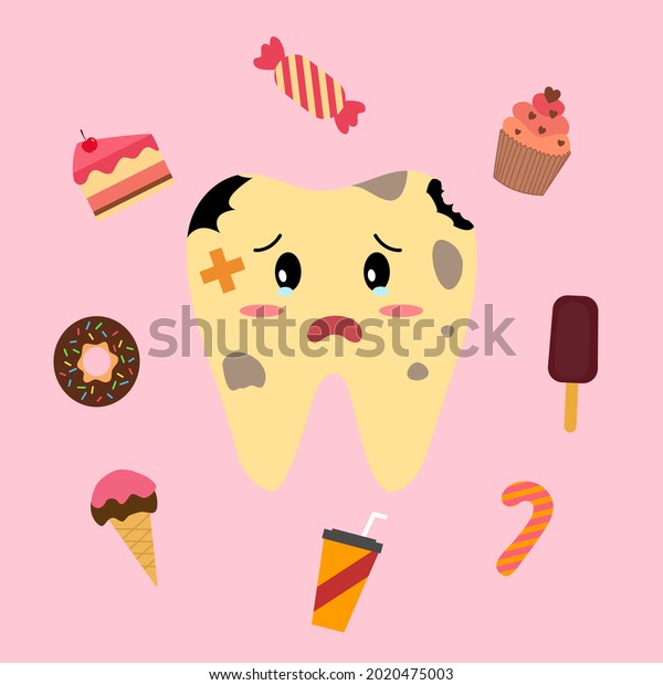 Dirty cavity tooth cartoon with sweet food that\
damage teeth in flat design. Dental care. Dental illness. Oral\
hygiene concept.