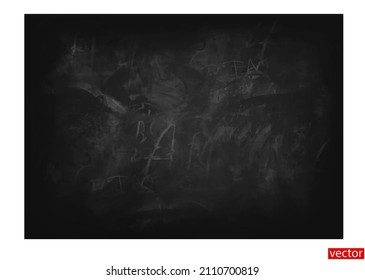 Dirty chalkboard. Old school blackboard with scuffs and chalk letters. Black board background. Chalk dust texture. Realistic school board texture. Vector