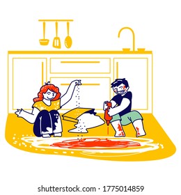 Dirty Children Characters Making Mess at Home. Little Boy and Girl Sitting on Kitchen Floor and Playing with Flour and Ketchup. Naughty Kids Activity, Messy Chaos. Linear People Vector Illustration