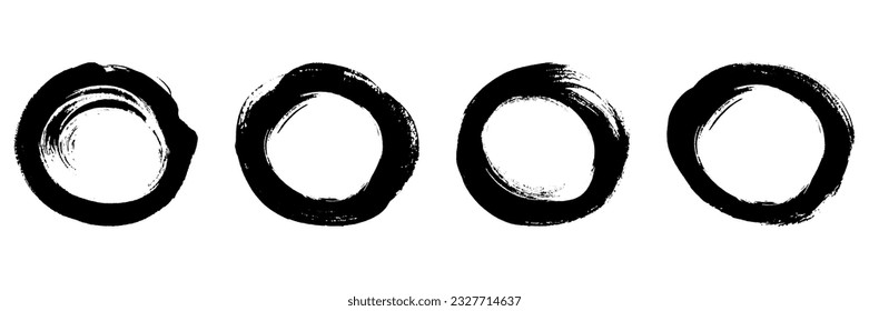 Dirty Circle Brush Symbol Collection. Round Shape Stroke Ink Frame, Grunge Paint Set. Abstract Black Circular Design, Stamp Graphic Element. Isolated Vector Illustration.