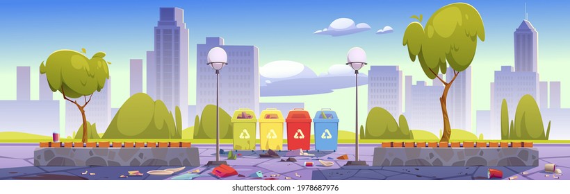 Dirty city park with trash bins for separate and recycle garbage, wooden benches and town buildings on skyline. Vector cartoon landscape of public garden with litter and containers for sorting waste