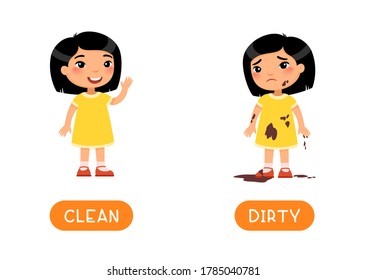 Plantilla vectorial de tarjeta de texto DIRTY y CLEAN antonyms. Flashcard para el aprendizaje del inglés. Concepto opuesto. Niña asiática limpia que mueve su mano, un niño sucio es triste. Ilustración con tipografía