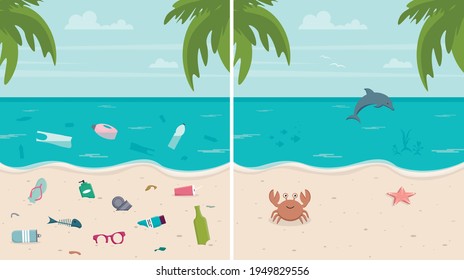 Schmutziges und sauberes Strandset. Konzept der Umweltverschmutzung. Umweltkatastrophe. Farbige Vektorgrafik im flachen Stil.