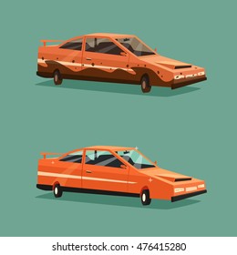 Dirty and clean car. American automobile. Cartoon vector illustration. Car wash. Dirt and shining clean car isolated. Design element.