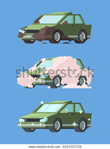 dirty\
and clean car. automatic washing steps messy car water and foam\
soap cleaning processes. vector cartoon\
pictures