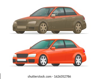 Dirty And Clean Car On A White Background. Vehicle Before And After Car Wash. Vector Illustration In Cartoon Style