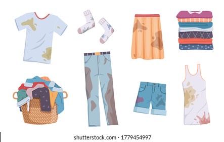 Dirty and clean clothes. Apparel heap with stains in basket and washed clothing, pile different towels, undershirts and jeans, shorts and skirt for laundry vector flat isolated set