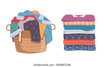 Dirty and clean clothes. Apparel heap with stains in basket and washed clothing, pile different towels. Soiled smelly pile of fabric cotton t-shirts and socks. Vector laundry isolated set