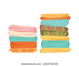 Dirty and clean clothes. Cleanliness and hygiene, household chores and routine. Two stacks with folded clean things. Sweater, T shirt and dress, bedding. Cartoon flat vector illustration