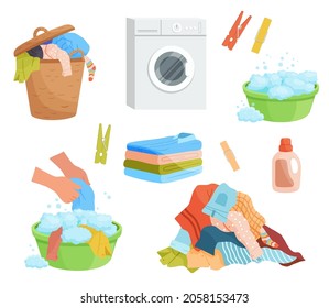 Dirty and clean clothes flat cartoon vector illustrations set. Pile of washed clothing, apparel in basket. Dirty jeans, shirts and towels isolated elements of laundry on white background.