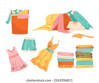 Dirty and clean clothes set. Collection of childrens dresses and shorts, cleanliness and hygiene. Household chores and routine. Cartoon flat vector illustrations isolated on white background