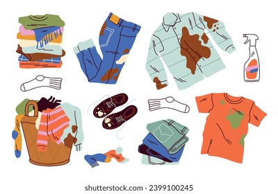 Dirty and clean clothes set. Laundry and household chores. Basket with pile of wear, shirt and tshirt with brown and green stains. Cartoon flat vector collection isolated on white background