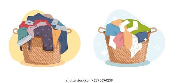 Dirty and clean clothes, washed laundry in hamper. Apparel heap with stains and fresh in baskets. Messy fabric cotton t-shirts and socks. Cartoon flat style isolated vector concept