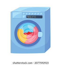 Dirty clean clothing laundry wash composition with isolated image of washing machine under operation vector illustration