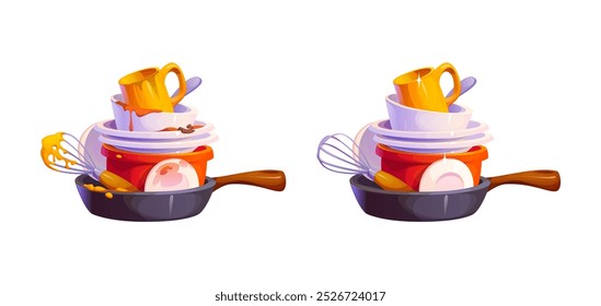 Platos sucios y limpios, antes y después de lavar platos y pila de utensilios de cocina, Vector de dibujos animados. Sartén de utensilios de cocina sucios y limpios con manchas de comida en platos y tazas limpias con brillo