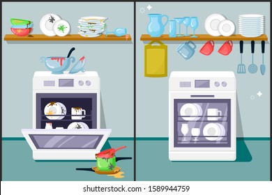 Dirty and clean dishes flat vector illustration. Automatic dishwasher, kitchen equipment. Glassware, plates, cooking utensils. Washed cookware on shelf. Before and after housework