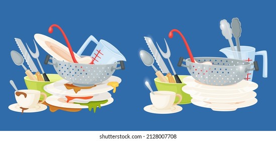 Dirty And Clean Dishes, Piles Of Stained And Washed Kitchen Utensils. Messy Plates And Cutlery, Tableware Before And After Washing Vector Set. Illustration Of Kitchen Dirty Pile Dishware