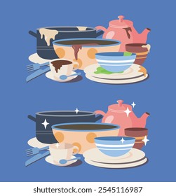 Dirty and clean dishes. Set of shiny ceramic dishes and kitchen utensils stained with dirt. Cleanliness and hygiene, routine and household chores. Flat vector illustration isolated on blue background