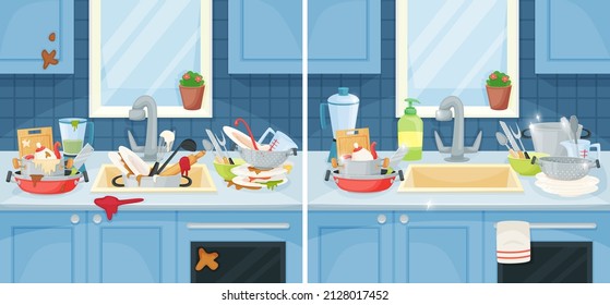 Dirty and clean dishes in sink, messy plates and cups. Cartoon unwashed kitchenware, before and after cleaning kitchen vector illustration. Domestic messy kitchen, clean household