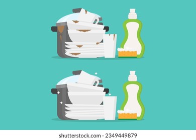 Ilustración vectorial de platos sucios y limpios