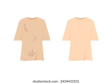 Dirty and clean garment. Untidy t-shirt with stains and cleanly washed tshirt. Clothes before and after dry cleaning. Fresh cotton clothes. Flat vector illustration isolated on white background.