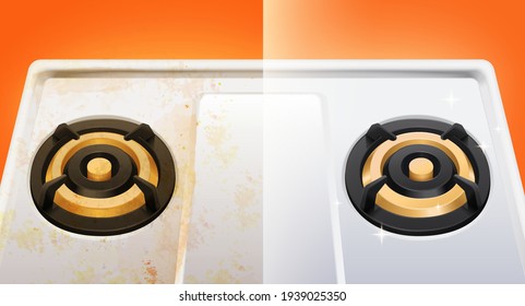 Dirty and clean gas stove, Before and after of a cleaned gas stove in 3d illustration, design element of ad banner.