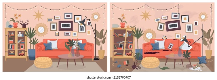 Dirty and clean living room interior set of two compositions with views before and after cleanup vector illustration